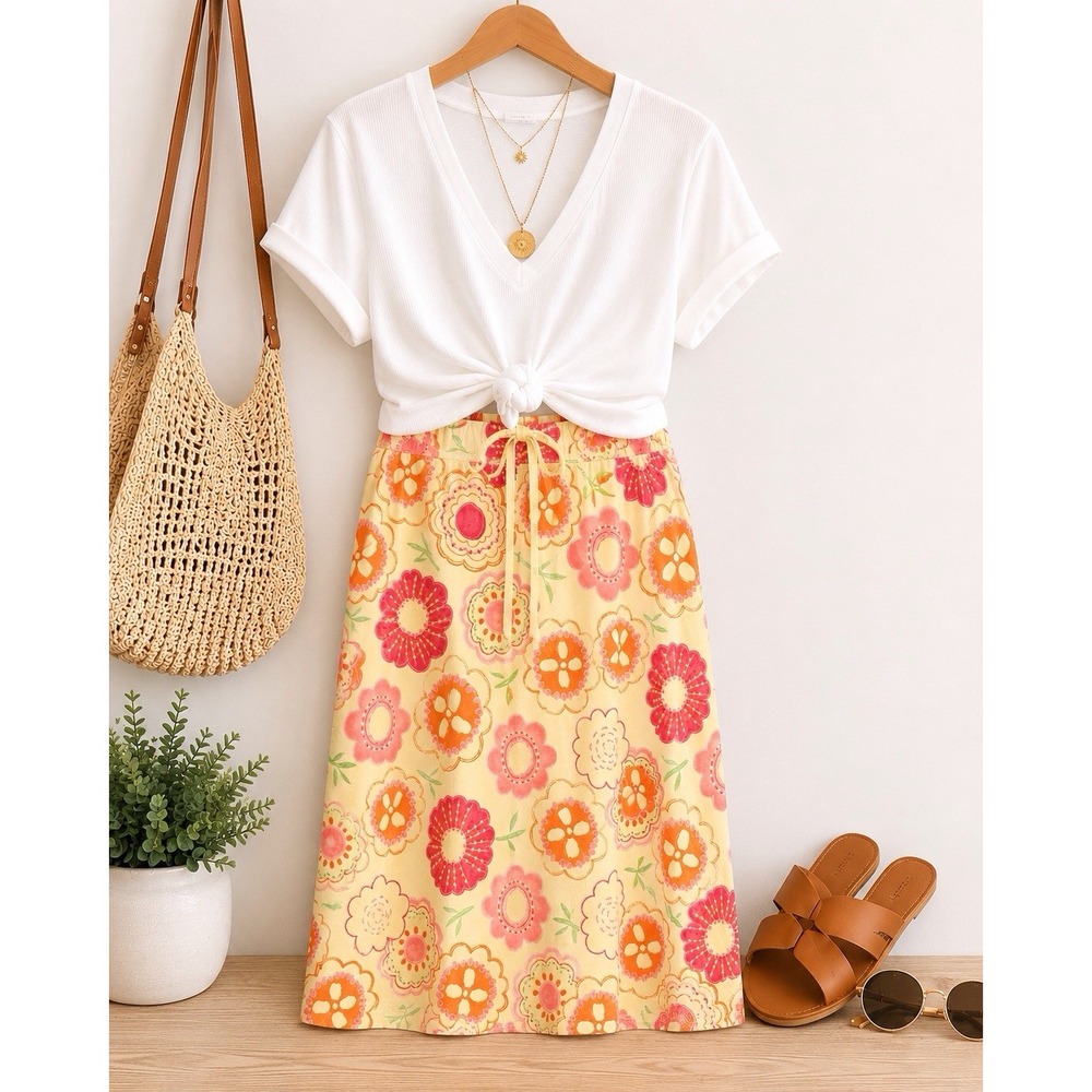 Fresh Produce Women's Floral Skirt Large Yellow/Pink/Orange Retro Floral Print
